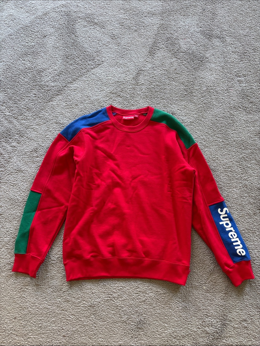 Supreme Red Crewneck with Blue and Green Panels